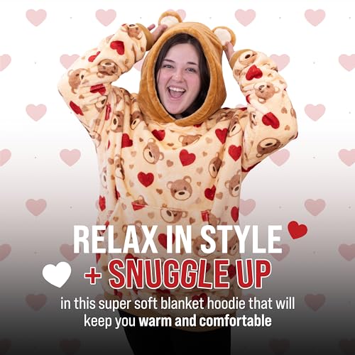 Image of Wearable Blanket Hoodie - Teddy Hearts 2-in-1 Blanket Hoodie for Adults - Oversized Sweatshirt with Pocket - Heart Print Reversible Hoodie & Travel Pillow