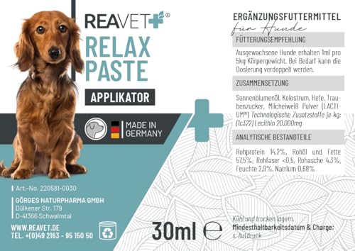 ReaVET Relax Paste für Hunde 30ml Applikator - Hund sekundierend zur Beruhigung I natürliche Paste für Hunde