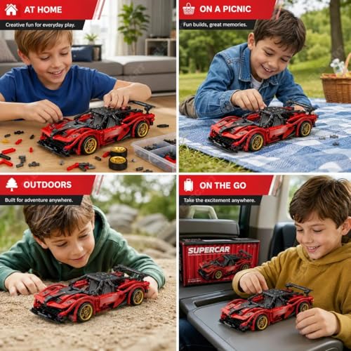 Image of 1:18 Scale Racing Car Building Block Set - Pull Back DIY Assembly Supercar Model | Compatible Bricks Toy for Kids, Adults, Collectors & Racing Car Lovers (RED)