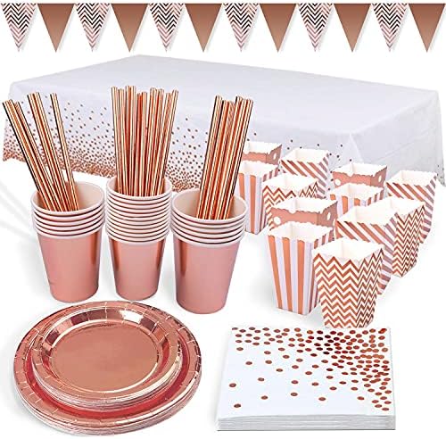 OMEW Rose Gold Party Tableware,24 Guests Party Supplies Foil Paper Plates Cups Popcorn Boxes Tablecloth Napkins Straws Banner Party Dinnerware Set for Birthday Wedding Engagement Decoration