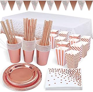 OMEW Rose Gold Party Tableware,24 Guests Party Supplies Foil Paper Plates Cups Popcorn Boxes Tablecloth Napkins Straws Banner Party Dinnerware Set for Birthday Wedding Engagement Decoration