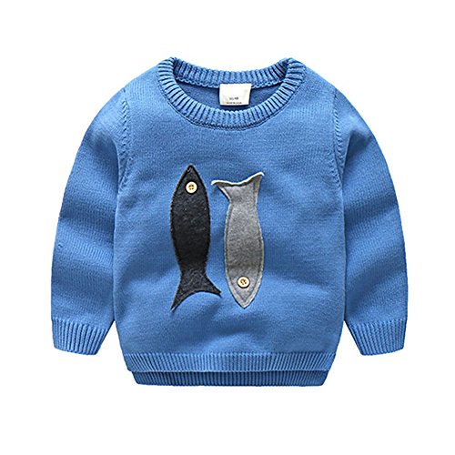 Motteecity Fashion Boys Carton Fish Embroidered Falls Long Sleeve Sweater Blue 6T