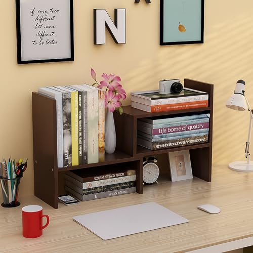 Image of Desktop Shelf Organizer, Adjustable Wood Office Storage Rack, Counter Display Small Bookshelf for Home /Office /School(Dark Walnut)