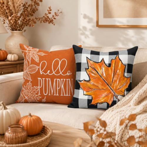 GEEORY Fall Pillow Covers 18x18 Set of 4 Buffalo Check Pumpkin Home Decor