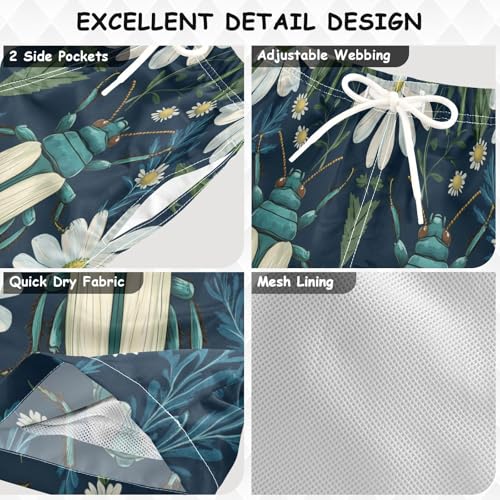 Boys Beach Board Shorts Beetle Daisy Insect Flower Swim Trunk Teen Swimwear3