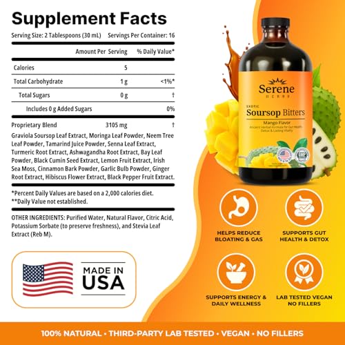 Image of Serene Herbs Soursop Bitters Liquid with Soursop Leaves for Gut Cleanse, Detox & Immune Boost with Black Seed, Moringa, Irish Moss, Ashwaganda, Turmeric, 16 Fl Oz (Pack of 1), Mango