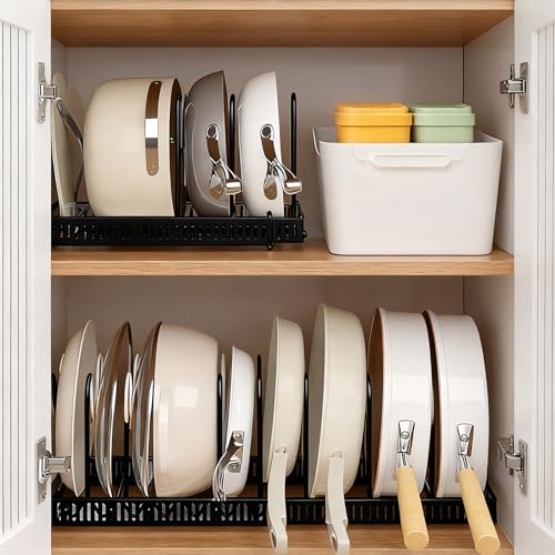 ZxrFxr Adjustable Pots and Pans Organiser: Expandable Pans Organiser Rack Storage and Pan Lid Holder with 10 Dividers and Non Slip Feet for Housewife Kitchen Use (Black)