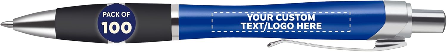 Personalized Plastic Pens Silver Accent Grip, Custom Logo & Text Printing, Pack of 100 by DISCOUNT PROMOS - Ideal for Business, Events & Trade Shows – Blue