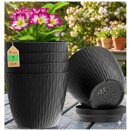 Image of Eightiz (Pack of 5 6 Inch Plastic Flower Pots for Indoor & Outdoor Terrace,Garden Plants Decorative Planters with Drainage Holes & Matching Saucers Durable & Lightweight (Black)