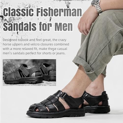 KOIMED Men's Fisherman Leather Sandals With Adjustable Back Strap Comfortable Summer Outdoor Sport Beach Hiking Casual Dress Sandles Memory Foam Closed Toe Black 7