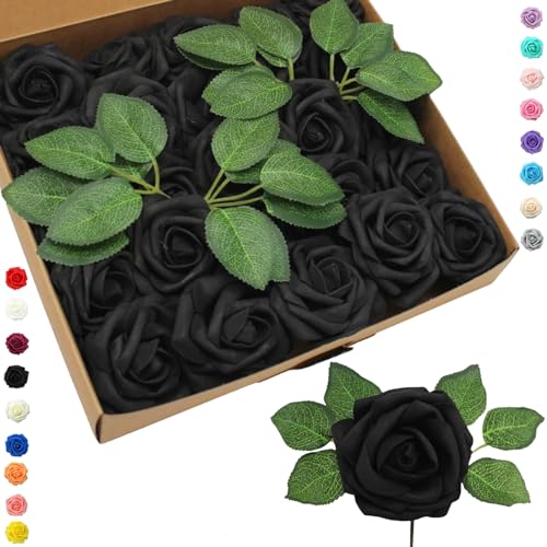 COSORO 25 pièces Fleurs Artificielles Roses Artificielles Noir,Mousse Faux Roses avec Tiges Décoration Florale pour Anniversaire Mariage Gâteau Fête Jardin Artisanat...