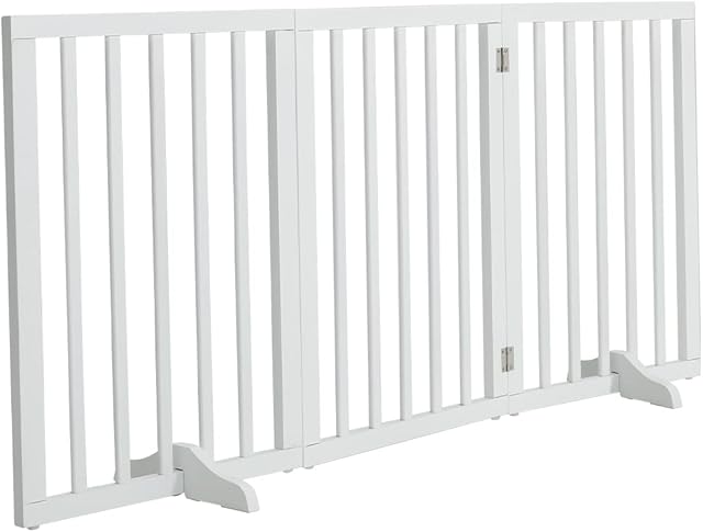The Fellie Wooden Foldable Dog Gate with Support Feet, Foldable Safety Pet Fence Freestanding Indoor Barrier for House, Doorway, Stairs, 3 Panels(139x60.5cm, White)