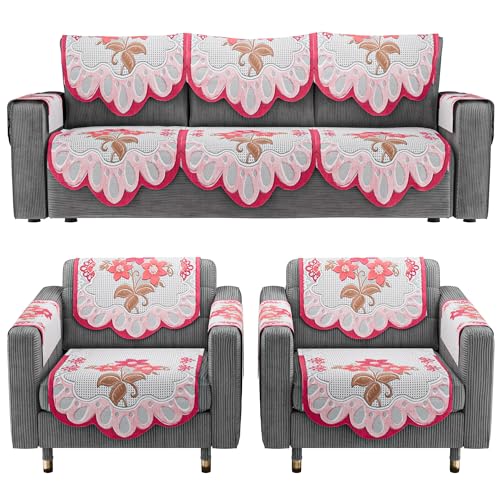 Image of Kuber Industries (Set of 16) Stylish & Durable Cotton Sofa Covers 5 Seater with Arms | Washable Sofa Protector & Slipcover for Living Room & Office | Painting Design-White & Pink