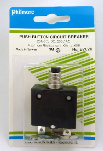 Philmore 20A Push Button Manual Reset Circuit Breaker 50V Dc, 250V Ac #TOP2