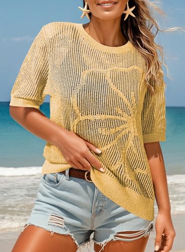 Image of Dokotoo Womens Summer Short Sleeve Crochet Tops Hollow Out Floral Sweaters Beach Vacation Cruise Outfits