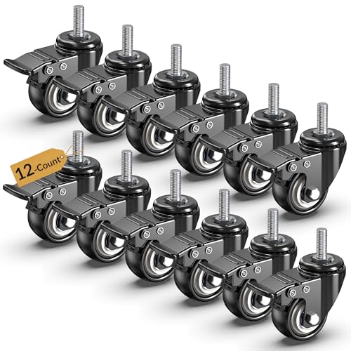 Image of HOLKIE Caster Wheels with No Brake Casters Set of 4, Threaded Stem 3 /8 inch -16 x 1 (Diameter 3 /8 inch, Length 1 inch) Swivel Set of 4 Heavy Duty Castors Black (with Brake-12 Pack, 2inch)
