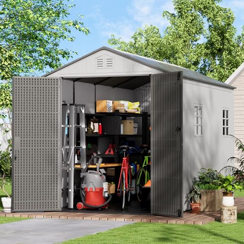 Image of KINYING 6x11 FT Outdoor Storage Shed with Floor,Resin Outdoor Garden Tool Shed with Windows,Lockable Weather Resistant Large Plastic Shed for Bike Storage,Lawn Mower,Pool Supplies