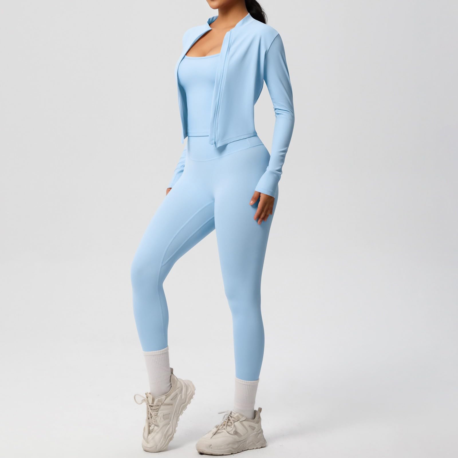 Generisch Set da allenamento da donna, 3 pezzi, a compressione, con giacca sportiva slim fit, leggings a vita alta e reggiseno sportivo, tinta unita, abbigliamento sportivo per fitness, yoga, casual