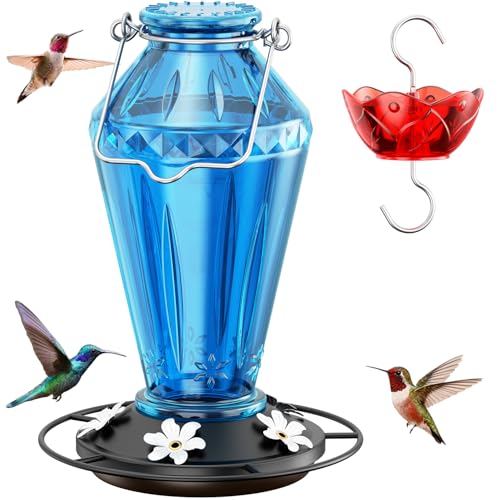Birdream Hummingbird Feeders for Outdoors 25oz Glass Hummingbird Feeder with Perch & 5 Bee Guard Feeding Ports Leak Proof Includes Ant Moat and Cleaning Brush Gift for Women Mom Blue