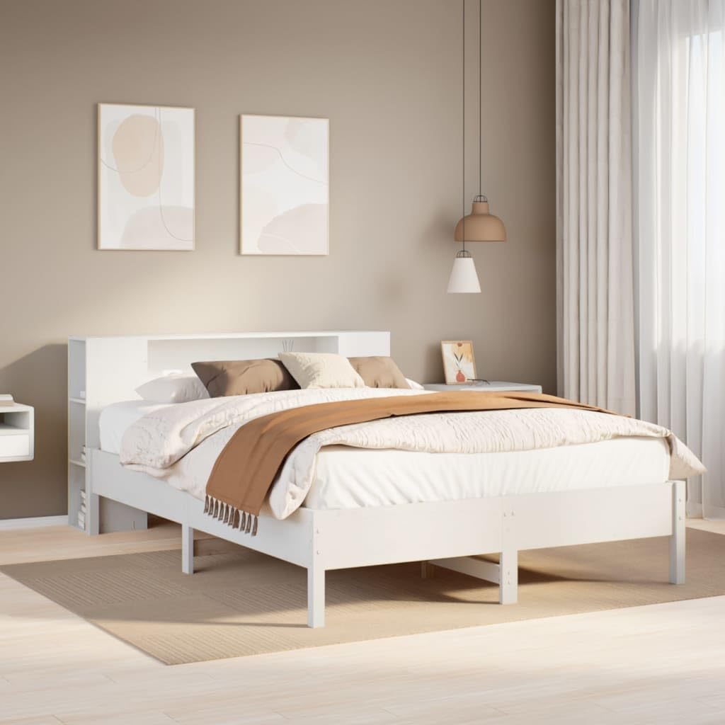 Homgoday Bett mit Regal ohne Matratze, Massivholz, weiß, 150 x 200 cm, mit Stauraum für Kinder, Jugendliche und Erwachsene, Weiß