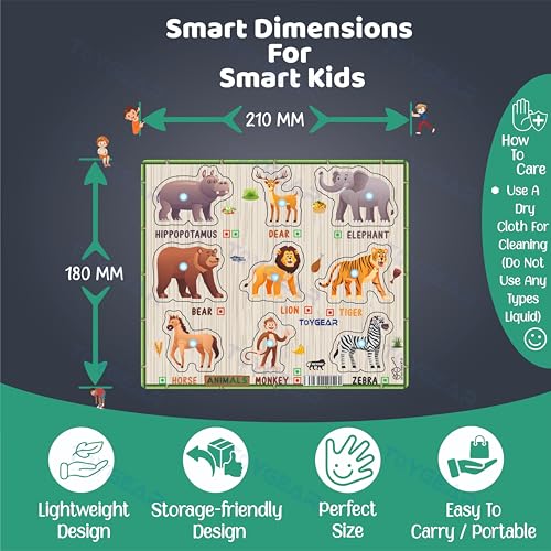 Image of Nizomi Wooden Sea Animals & Jungle Animals Peg Puzzle for Kids | Montessori Educational Puzzle Board with Fish, Dolphin, Lion, Elephant & More | Early Learning Toy