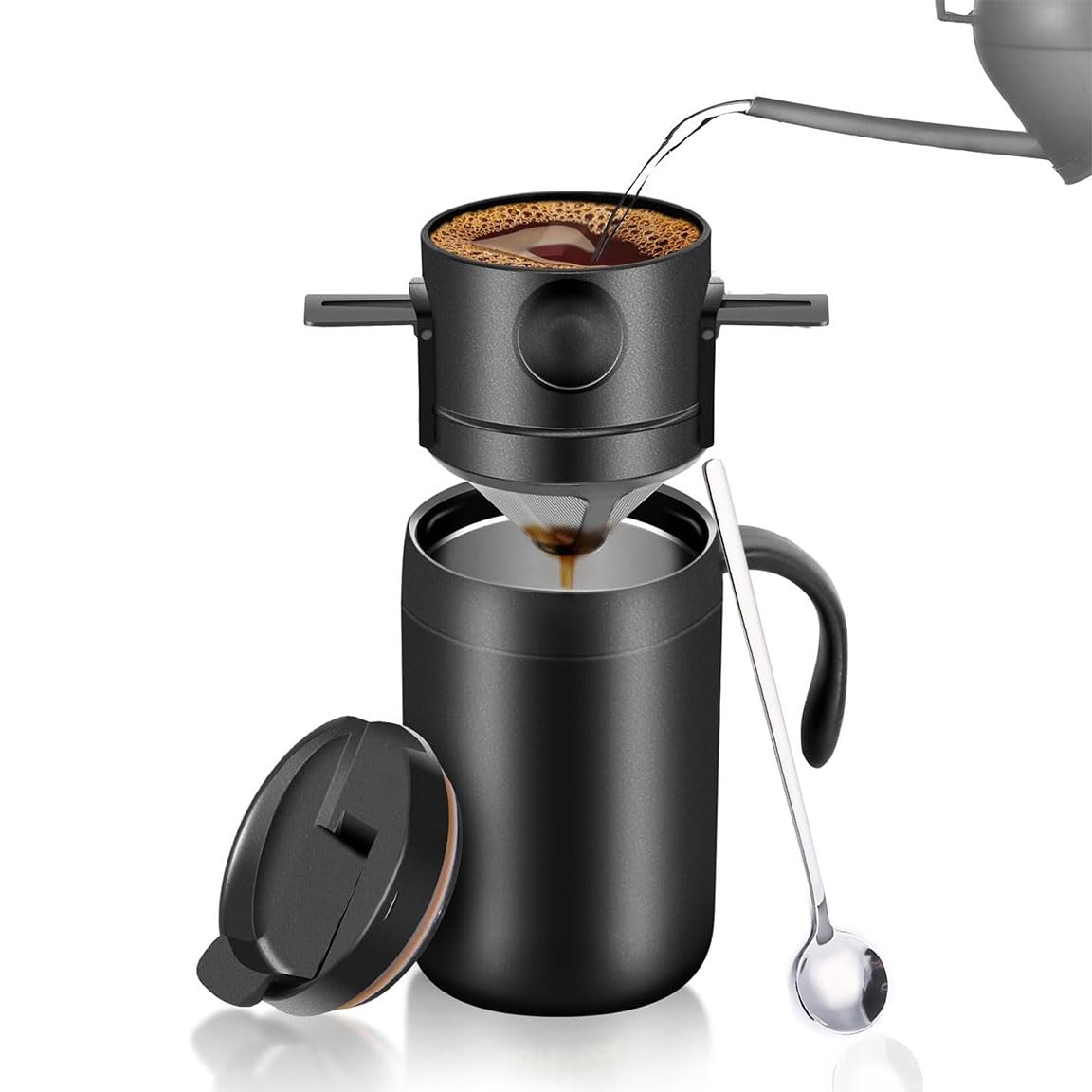 Portable Pour Over Coffee Maker Set with Insulated Mug, 16oz Stainless Steel Coffee Dripper, Reusable Filter for Travel and Office (Black)