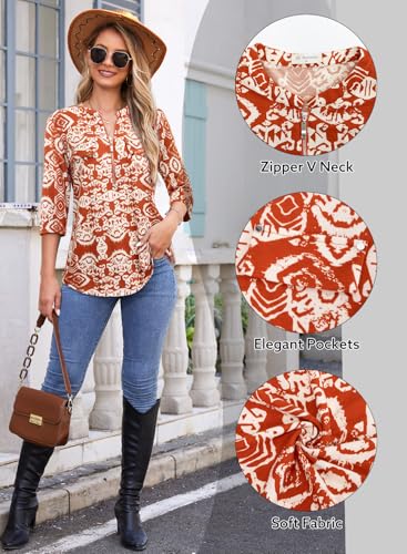 Image of Bulotus Womens 3 /4 Sleeve Tops Plus Size V Neck Zipper Business Casual Blouses for Office & Going Out Soft Knit Tunics, M-3XL