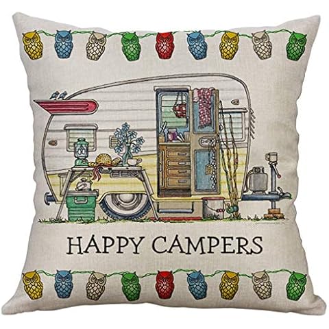 Sonojie Durable Linen Creative Happy Campers House Car Pillowcase Cushion Cover Square Decoration Set of 5 -Series with Invisible Zipper Cover