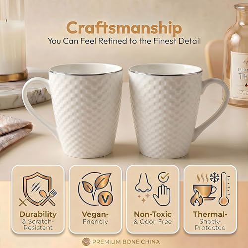 Image of UPC White Bone China Mug Set of 2 with Silver Rim | Textured Ceramic Coffee & Tea Mugs | Elegant Microwave Safe Drinkware for Home & Office