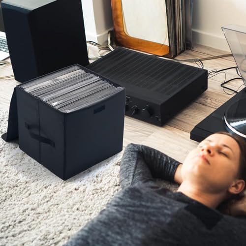 Vinyl Record Storage Box For 12Inch Lps,Holds Up To 80 Albums,Collapsible Storage Crate With Lid&Handles For Valuable Album Collection (Black, 13Inch) - 5