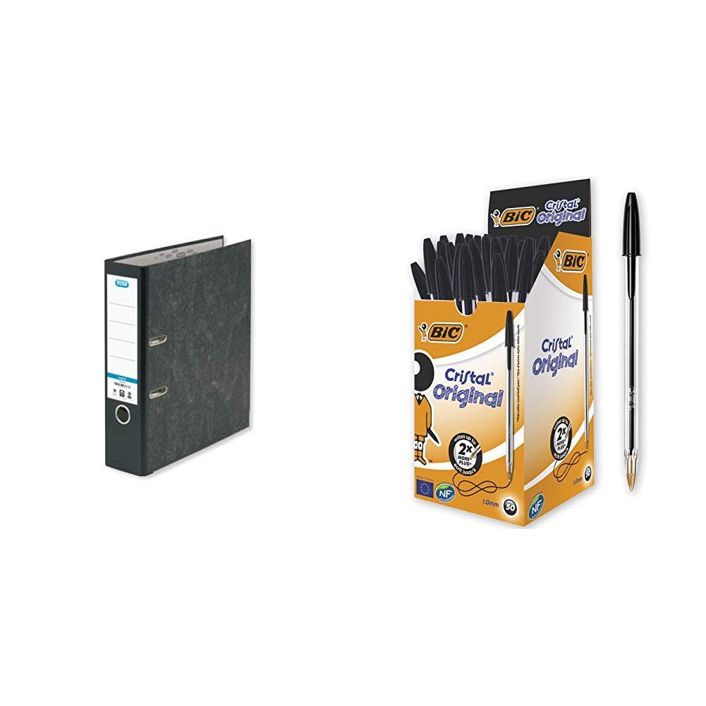 ElbaA4 Lever Arch File, Black, Pack of 10 &BIC Cristal Original Ballpoint Pens Medium Point (1.0 mm) – Black, Box of 50