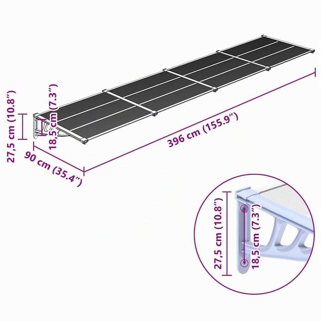 vidaXL Tettoia per Porta Grigio e Trasparente 396x90 cm Policarbonato, pensilina per porta, pensilina per porta posteriore, tenda da sole