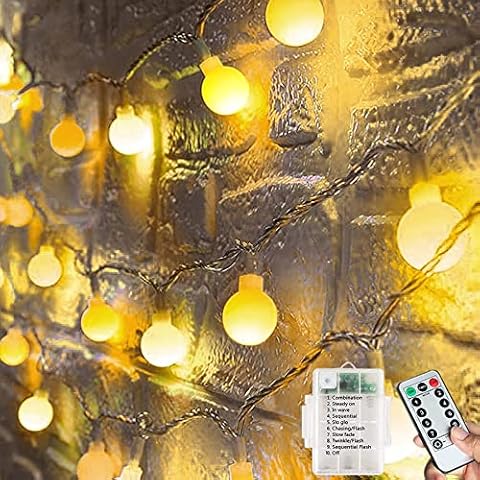 Globe String Lights Outdoor, 60 LED 8M/28Ft Fairy Lights, 8 Modes String Lights Battery Powered Waterproof, Fairy Lights for Bedroom, Garden, Yard, Party, Festival, Christmas Decoration (Warm White) Cover