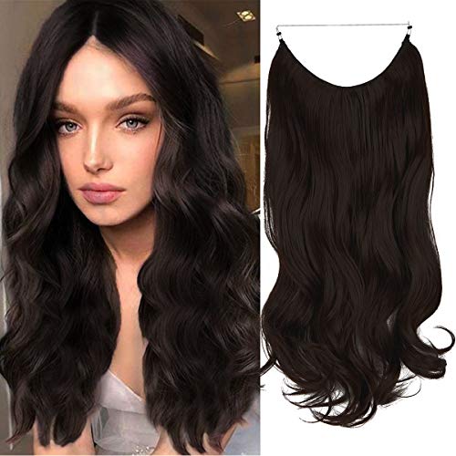Long Hair Extensions Invisible Secret Wire Dark Brown Hair Extensions Long Curly Hairpiece Invisible Crown Headband Wavy Hair Extension Synthetic Hairpieces for Women 20 Inch 4.4 Oz (Dark Brown)