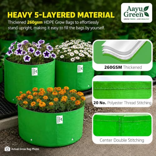 Image of Grow Bag UV Protected 260 GSM | HDPE Grow Bags for Plants | Heavy Duty Green Garden Plant Grow Bag with Drainage Holes | Reusable Vegetable Grow Bag for Terrace Gardening (8, 18X9)