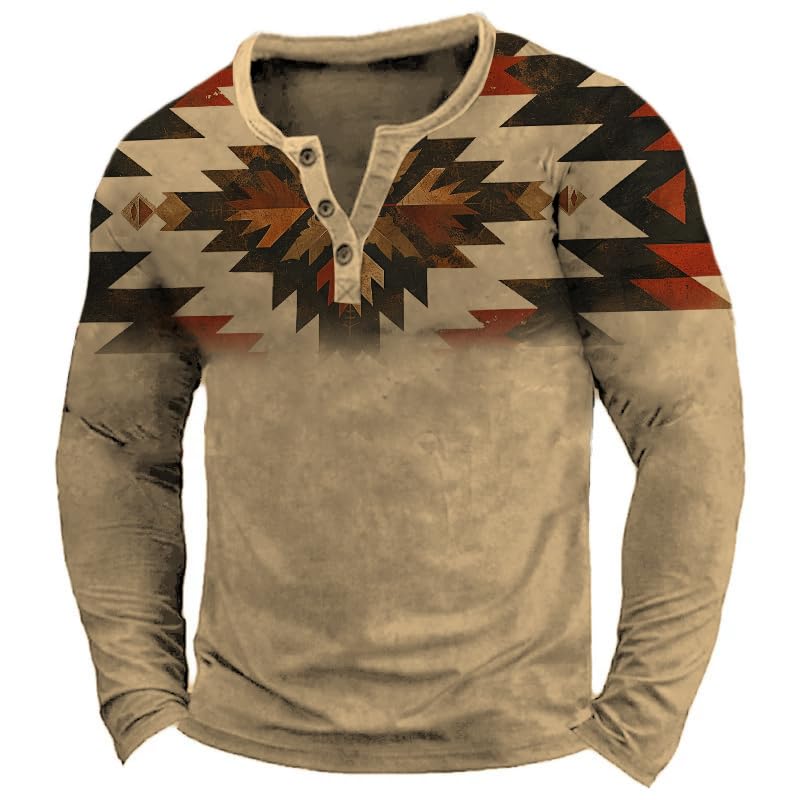 HOTYD Western Cowboy Henley Shirts for Men Retro Aztec Print Button Long Sleeve Graphic Tees Casual Loose Pullover Tops