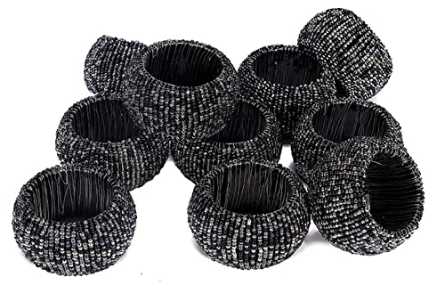 Riangi Handmade Multi Sequin Beaded Black Napkin Rings Set Of 12 Napkin Holders For Cloth Napkins Autumn Napkin Rings - Family Gatherings, Everyday Use Dinning Table Decor - Black Napkins Rings #TOP12