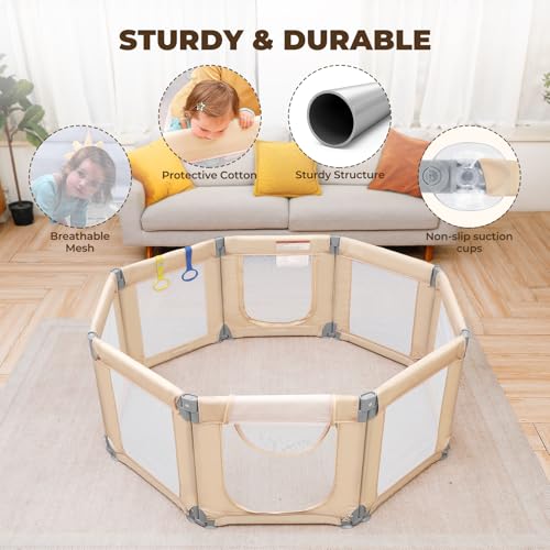 Image of Dripex Small Foldable Baby Playpen, 49 inchx47 inch Small Space Play Yard for Travel - Portable Collapsible Play Pen for Babies, Indoor Outdoor Baby Fence, Beige
