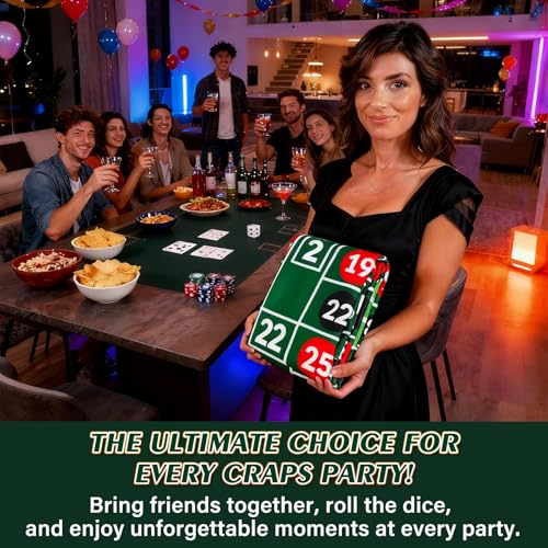 Double Sided Roulette & Craps Table Top Mat - 36\"x72\" Professional Casino Felt Layout for Poker Table Cover, Poker Night, Dice Games and Casino Theme Parties With 100 Chips and Instructions