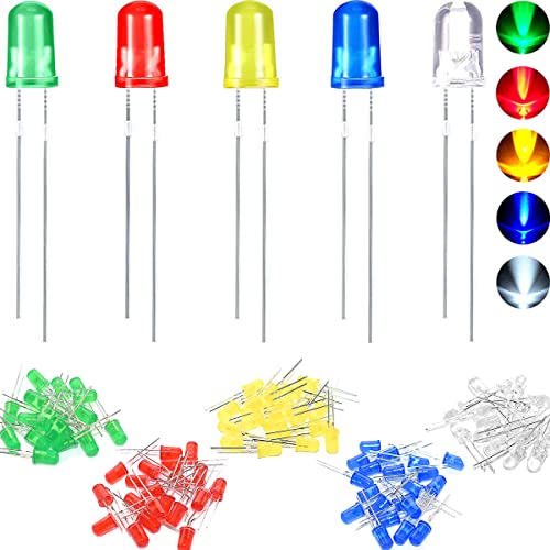 DAOKAI 100PCS Diodo LED 5 mm Diodo emisor de luz LED 2 pines RoundIn-line LED Bead Assembly Mix Color (rojo, amarillo, azul, verde y blanco 5 colores) Cover