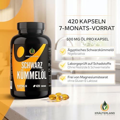 Kräuterland Schwarzkümmelöl Kapseln 420 Stück, hochdosiert (1000mg pro Tagesdosis), 100% Nigella Sativa, Omega Fettsäuren, ohne Zusatzstoffe, hoher Thymochinon, Deutsche Premium Qualität