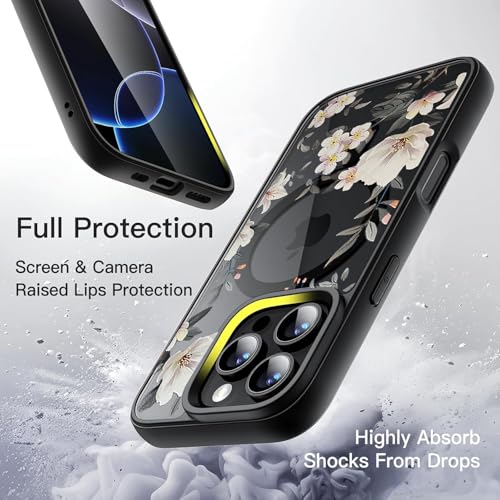 Image of VONZEE Compatible with iPhone 15 Pro Case Luxury Retro Flowers Floral Clear for Magnetic Wireless Charging Case Shockproof Case PC+TPU Cute Glossy Shiny Cover for Girls Women, 6.1'' Black