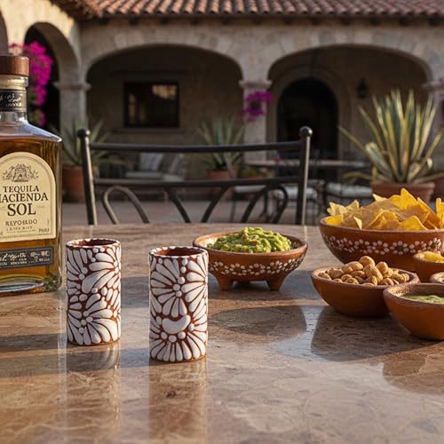 Image of Talavera Shot Glasses Set of 4 Authentic Mexican Tequila Shot Glasses - Hand-painted - 2 Oz (White Brushstroke Terracotta Background)