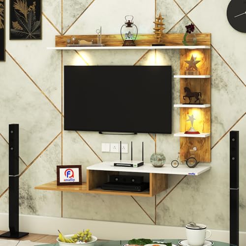 Image of Wintor Engineered Wood Wall Mounted TV Unit with 4 LED Lights,3 Open Shelves,1 Storage Box & Decorative Display Shelf for Living Room | Ideal for Upto 43 Inch TV- GiantWood /White(DIY Assembly)