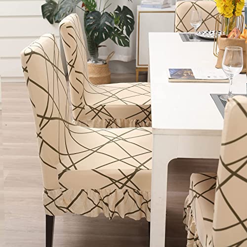 Image of HOKIPO Dining Chair Protector Cover Set Of 2 Elastic Slip Frill Covers (Ar-4091-D2*2, Beige)