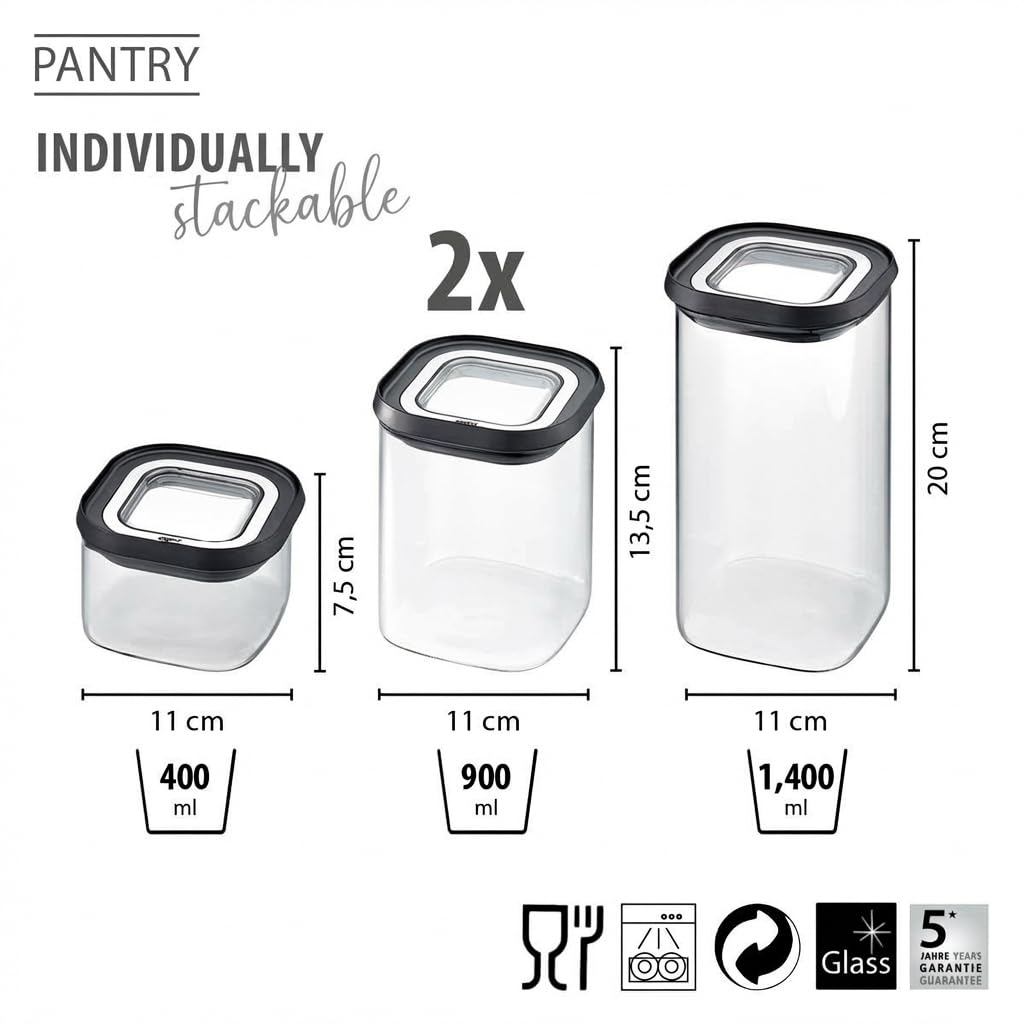 GEFU Set di contenitori PANTRY – Coperchio ermetico per alimenti, contenitori in vetro, lavabili in lavastoviglie, 4 pezzi
