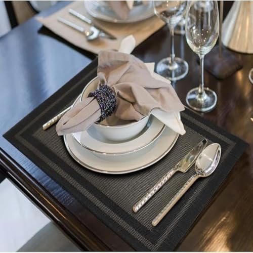 Image of Potency Table Mats Set of 4, Woven Placemate for Dining Table, Heat-Resistant Placemats Stain Resistant Anti-Skid PVC Table Mats, Vinyl Placemats for Dining Kitchen Restaurant Table (F-BlackGold)