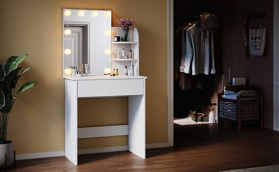 Kaptafel met LED Spiegel - Make-up Tafel met Lades en Kast - Tafels