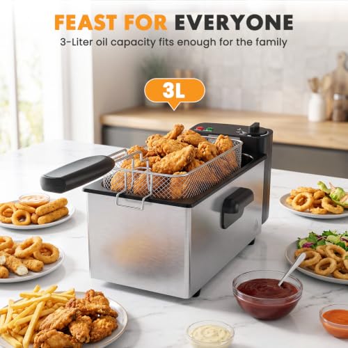 Image of NEWBULIG Deep Fryer with Basket, 3 Liter Electric Deep Fryer with 1500W Power, Adjustable Temperature, Lid with Viewing Window for Fried Chicken, Shrimp, French Fries, Silver