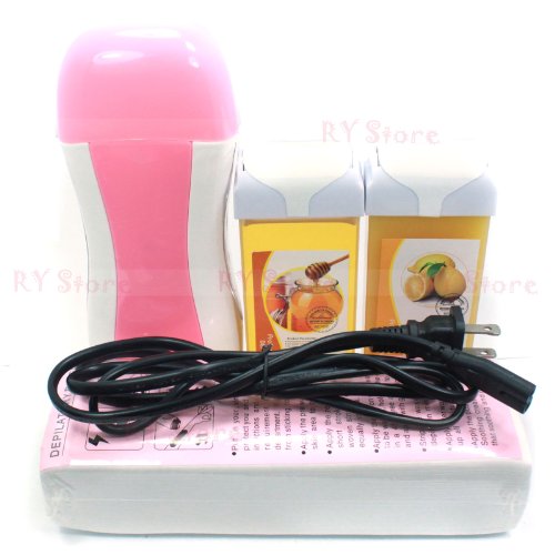 4 in 1 Honey Lemon Taste 100g Wax Carriage , Pink Color Roll on Roll-on Refillable Depilatory Wax Heater Waxing Hair Removal Kit Tools Machine Kits Set , 100 PCS Paper Strips , 110v Us Plug